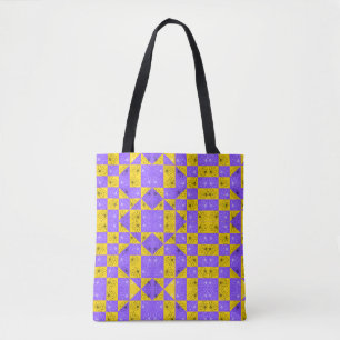 Bolsa Tote Retro Boho Roxo & Amarelo Xadrez de Margaridas
