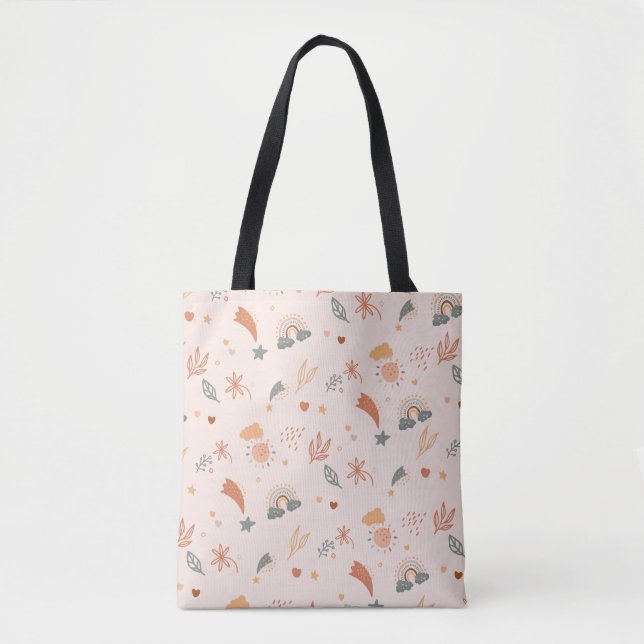 Bolsa Tote Retro Boho Watercolor Arco-Íris Neutro (Frente)