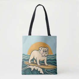Bolsa Tote Retro Bulldog Surfer | Blue Surf Dog Graphic Beach