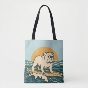 Bolsa Tote Retro Bulldog Surfer   Gráfico de Cão de Surf Azul