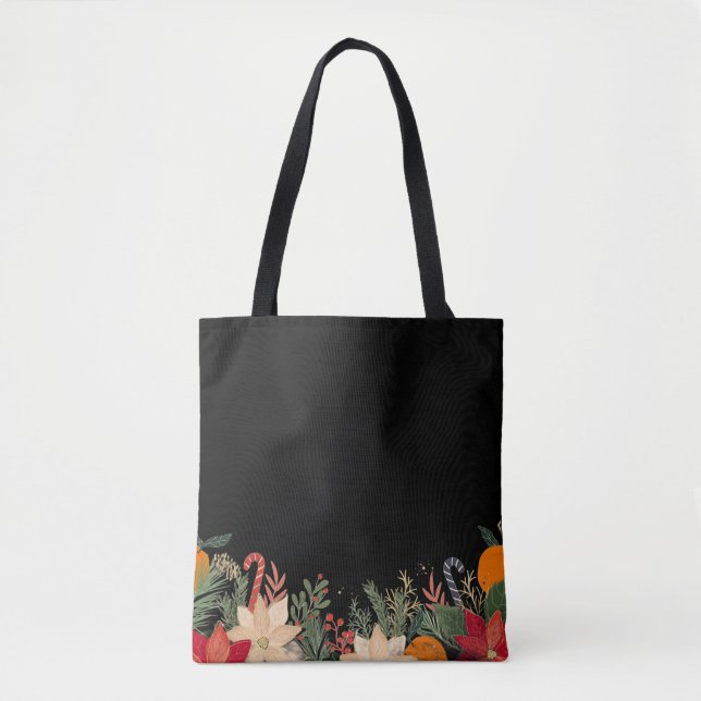 Bolsa Tote Retro Christmas floral pattern in black (Frente)