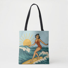 Bolsa Tote Retro Coastal Pin-Up Surfer Art | Blue Surf Beach