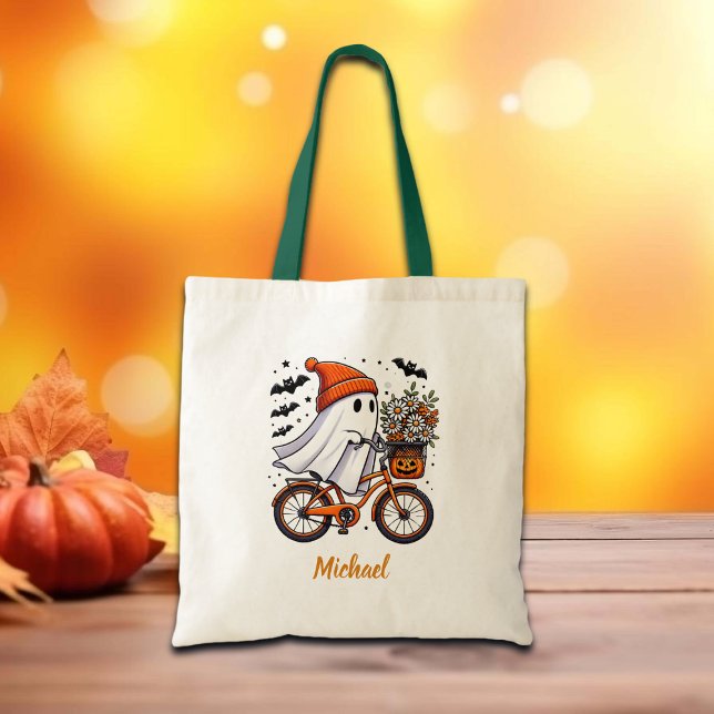 Bolsa Tote Retro Fantasma no Halloween de Bicicleta (Criador carregado)