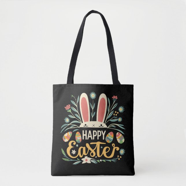 Bolsa Tote Retro Floral Happy Easter Bunny Boho Spring (Frente)