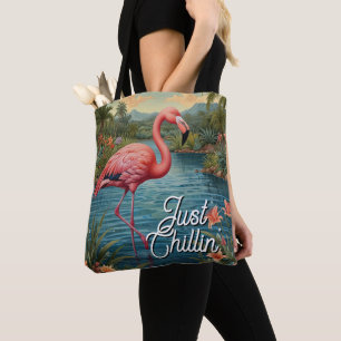 Bolsa Tote Retro fofo flamingo rosa paraíso tropical  
