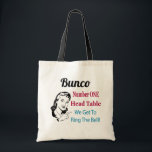 Bolsa Tote Retro Funny Bunco<br><div class="desc">Retro Funny Bunco design para jogadores Bunco. Mesa de cabeça da mesa número um, vamos tocar o sino com uma mulher retrô. Diversão para seus suprimentos de Bunco ou como presente ou prêmio.</div>