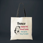 Bolsa Tote Retro Funny Bunco<br><div class="desc">Retro Funny Bunco design para jogadores Bunco. Mesa de cabeça da mesa número um,  vamos tocar o sino com uma mulher retrô. Diversão para seus suprimentos de Bunco ou como presente ou prêmio.</div>