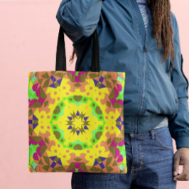 Bolsa Tote Retro Mandala Flor Amarelo Laranja Verde e Rosa