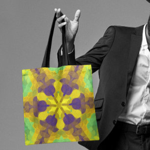 Bolsa Tote Retro Mandala Flor Amarelo Roxo e Verde