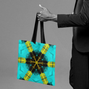 Bolsa Tote Retro Mandala Flor Azul Amarelo e Preto