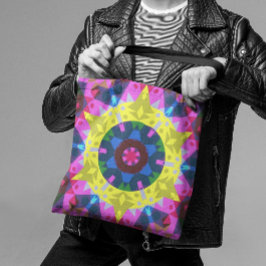 Bolsa Tote Retro Mandala Flor Azul Amarelo e Rosa