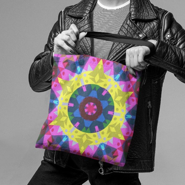 Bolsa Tote Retro Mandala Flor Azul Amarelo e Rosa (Criador carregado)
