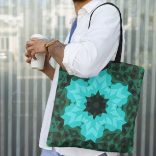 Bolsa Tote Retro Mandala Flor Azul e Verde