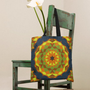 Bolsa Tote Retro Mandala Flor Azul Laranja e Amarelo
