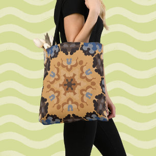 Bolsa Tote Retro Mandala Flor Azul Laranja e Castanho