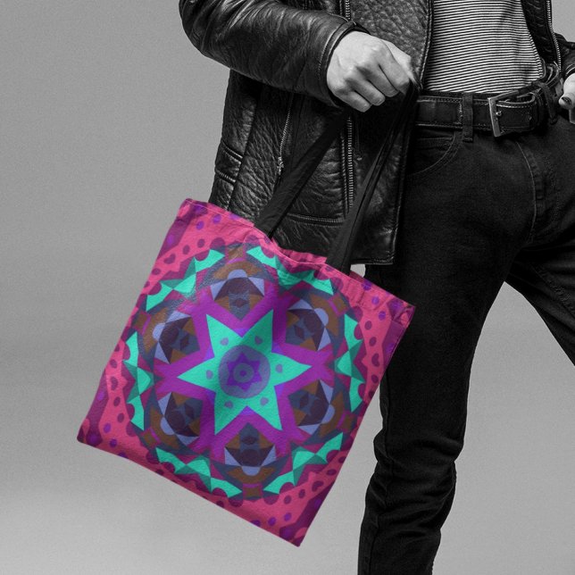 Bolsa Tote Retro Mandala Flor Azul Púrpura e Rosa (Criador carregado)