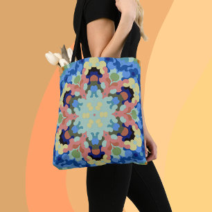 Bolsa Tote Retro Mandala Flor Azul, Rosa e Amarelo