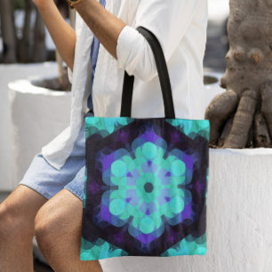 Bolsa Tote Retro Mandala Flor Azul Roxo e Verde