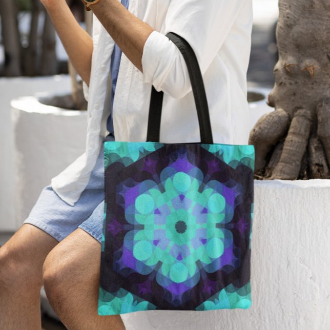 Bolsa Tote Retro Mandala Flor Azul Roxo e Verde (Criador carregado)