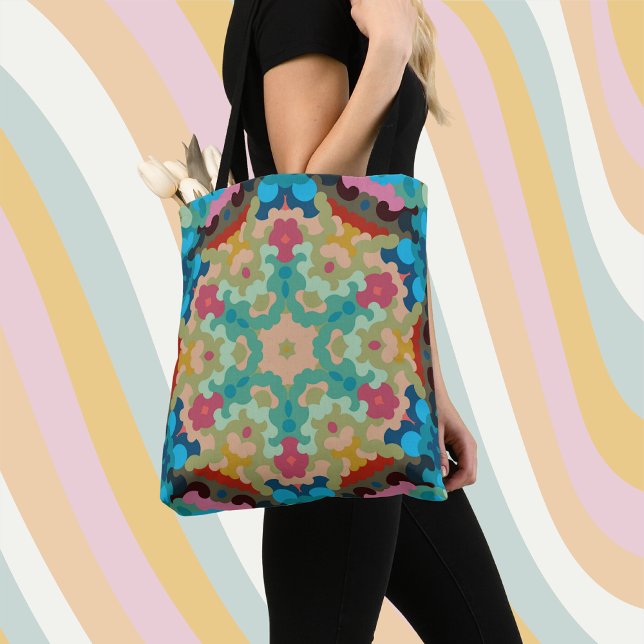 Bolsa Tote Retro Mandala Flor Azul Verde e Rosa (Criador carregado)