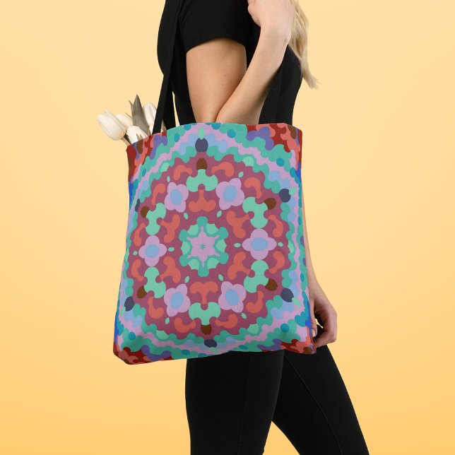 Bolsa Tote Retro Mandala Flor Azul Vermelho e Teto (Criador carregado)