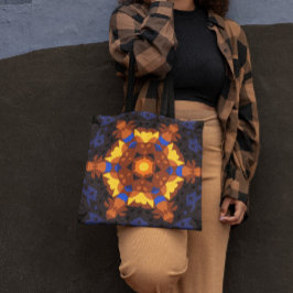 Bolsa Tote Retro Mandala Flor Laranja Amarelo e Azul