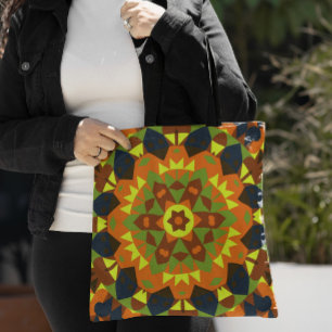 Bolsa Tote Retro Mandala Flor Laranja Amarelo e Azul