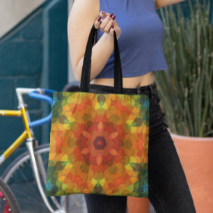 Bolsa Tote Retro Mandala Flor Laranja Amarelo e Verde
