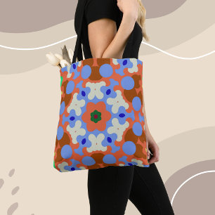 Bolsa Tote Retro Mandala Flor Laranja Azul e Amarelo