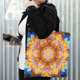 Bolsa Tote Retro Mandala Flor Laranja Azul e Amarelo