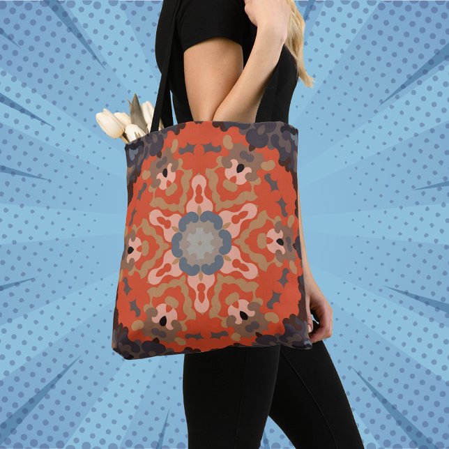 Bolsa Tote Retro Mandala Flor Laranja Azul e Tan (Criador carregado)