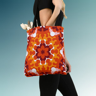 Bolsa Tote Retro Mandala Flor Laranja Branco e Amarelo