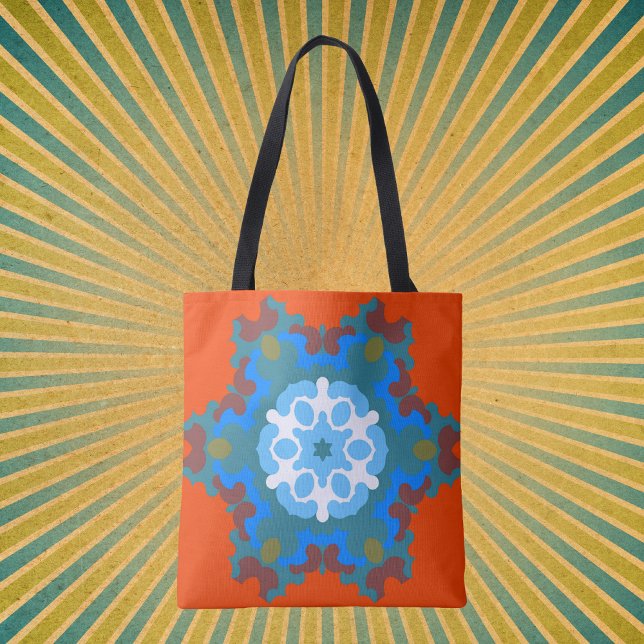 Bolsa Tote Retro Mandala Flor Laranja Branco e Azul (Criador carregado)