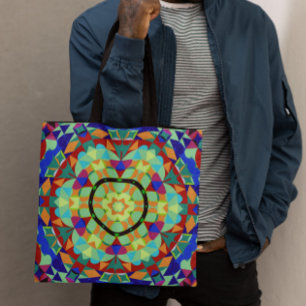 Bolsa Tote Retro Mandala Flor Laranja Vermelho e Azul