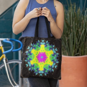 Bolsa Tote Retro Mandala Flor Rosa Amarelo e Azul