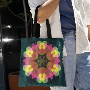 Bolsa Tote Retro Mandala Flor Rosa Amarelo e Verde