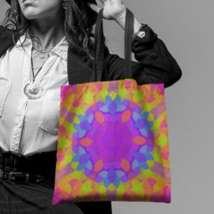 Bolsa Tote Retro Mandala Flor Rosa Verde e Azul