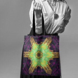 Bolsa Tote Retro Mandala Flor Verde Amarelo e Puro