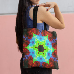 Bolsa Tote Retro Mandala Flor Vermelho Azul e Verde
