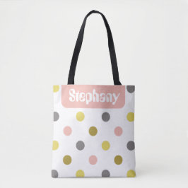 Bolsa Tote Retro Mod Polka Dots Pink Yellow Name Personalized