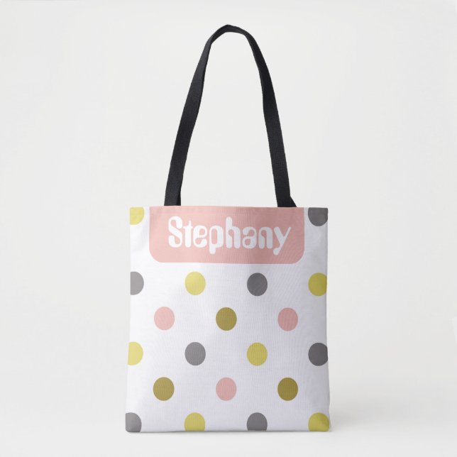 Bolsa Tote Retro Mod Polka Dots Pink Yellow Name Personalized (Frente)
