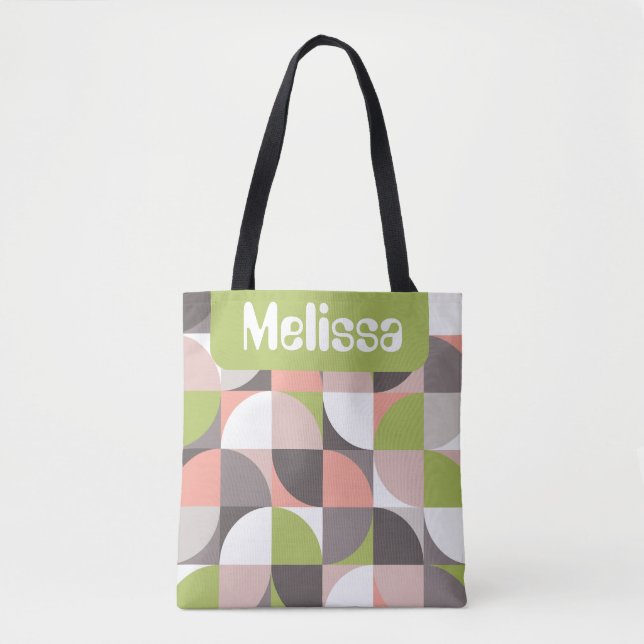 Bolsa Tote Retro Mod Squares Pink Green Name Personalized (Frente)