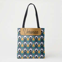 Bolsa Tote Retro Mood Teal Mustard Name Personalized