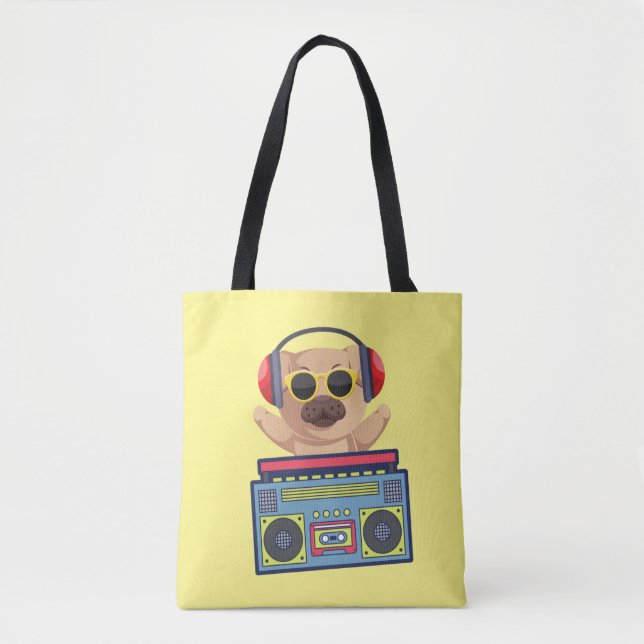 BOLSA TOTE RETRO MUSICAL PUG AND CASSETTE PLAYER (Frente)