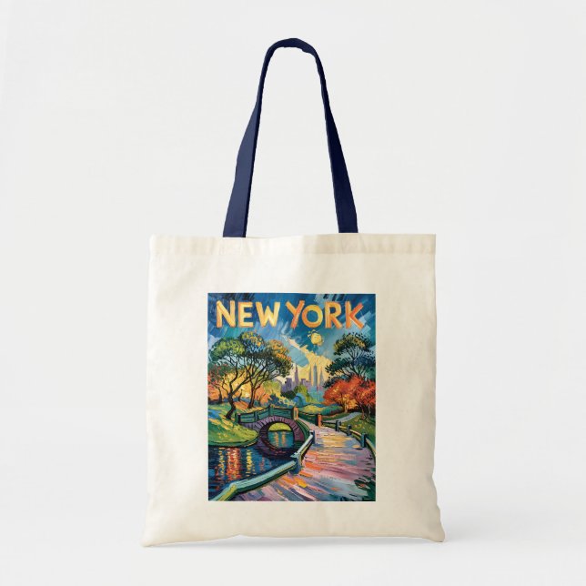 Bolsa Tote Retro New York Central Park Van Gogh Cityscape Art (Frente)