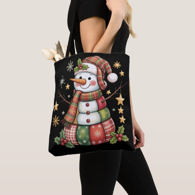 Bolsa Tote Retro Patchwork Snowman Feliz Coquete de Natal (Close Up)