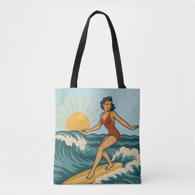 Bolsa Tote Retro Pin-Up Surfer Blue Coastal Surfing Art Beach (Frente)