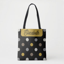 Bolsa Tote Retro Polka Dots Black Mustard Name Personalized