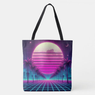 Bolsa Tote retrô, pôr do sol palmeiras neon 80s