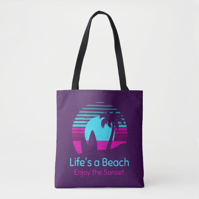 Bolsa Tote Retro Sunset Surfboard Palm Tree Life's a Beach (Frente)